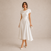 Women's Draped Midi Dress with Asymmetrical Neckline