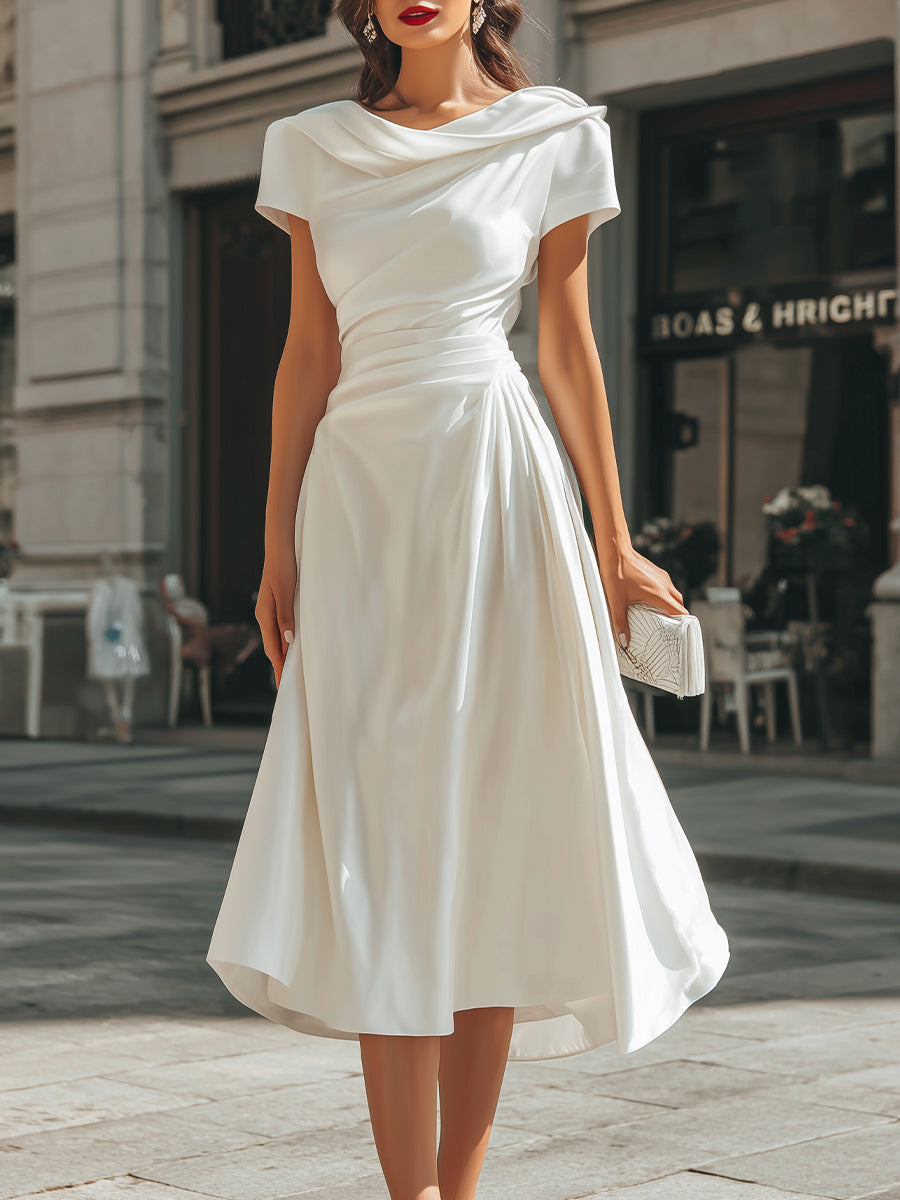 Women's Draped Midi Dress with Asymmetrical Neckline