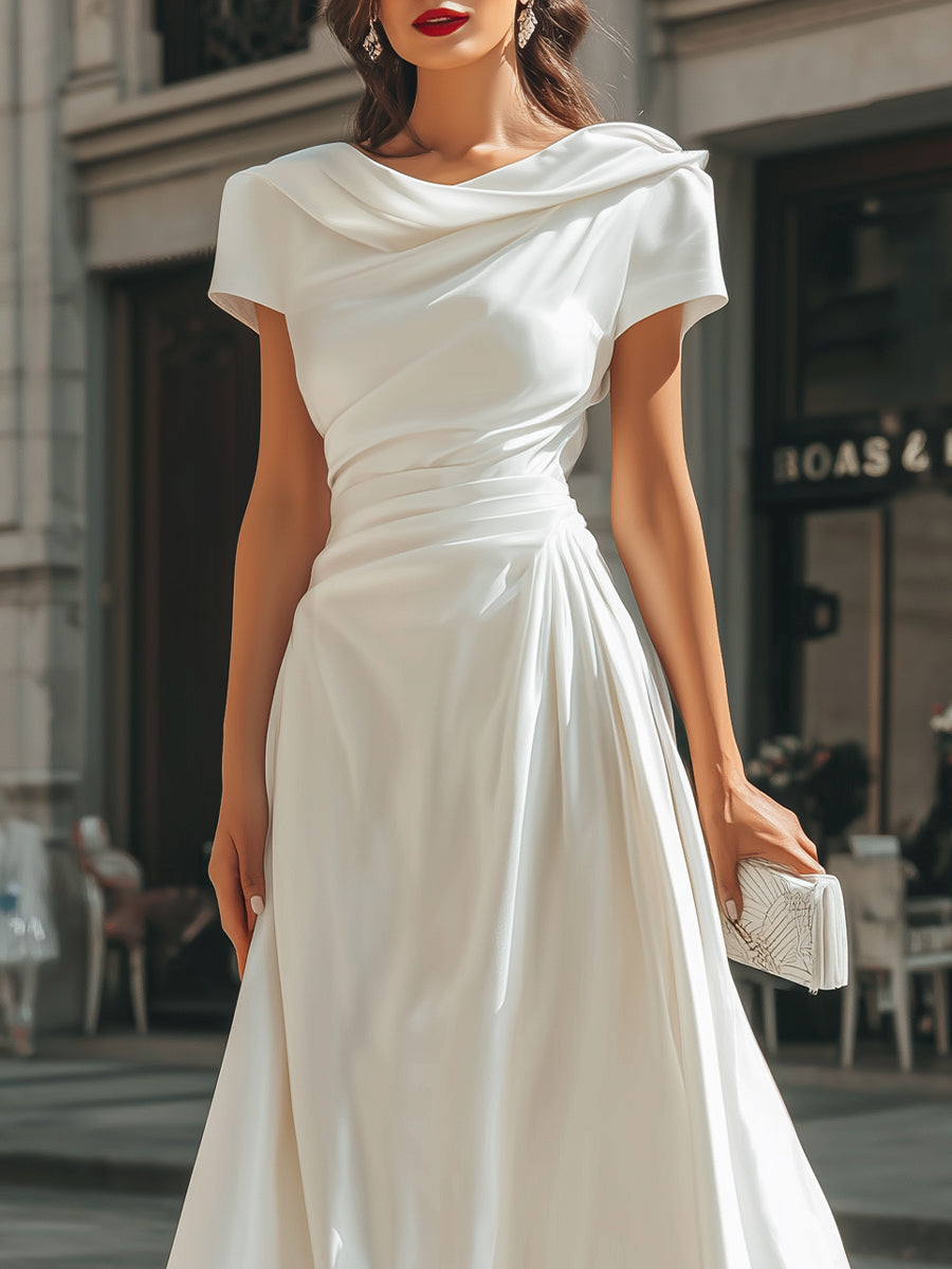Women's Draped Midi Dress with Asymmetrical Neckline
