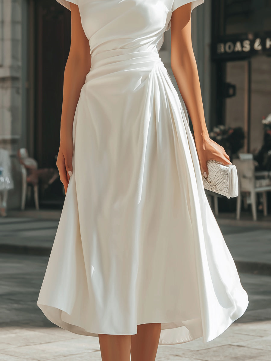 Women's Draped Midi Dress with Asymmetrical Neckline