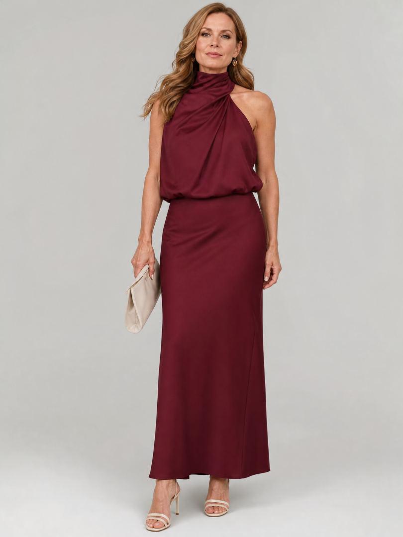 Women's Draped Neck Midi Dress with Gathered Waist