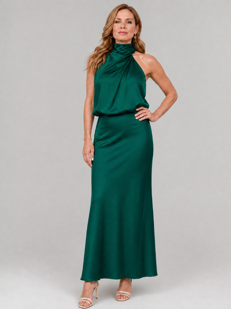 Women's Draped Neck Midi Dress with Gathered Waist