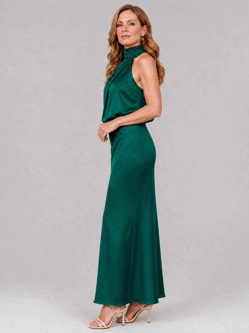 Women's Draped Neck Midi Dress with Gathered Waist