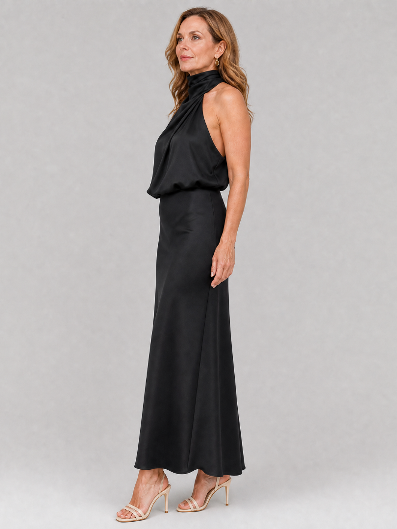 Women's Draped Neck Midi Dress with Gathered Waist