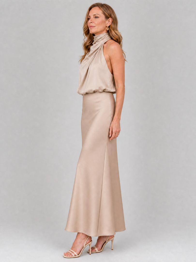 Women's Draped Neck Midi Dress with Gathered Waist