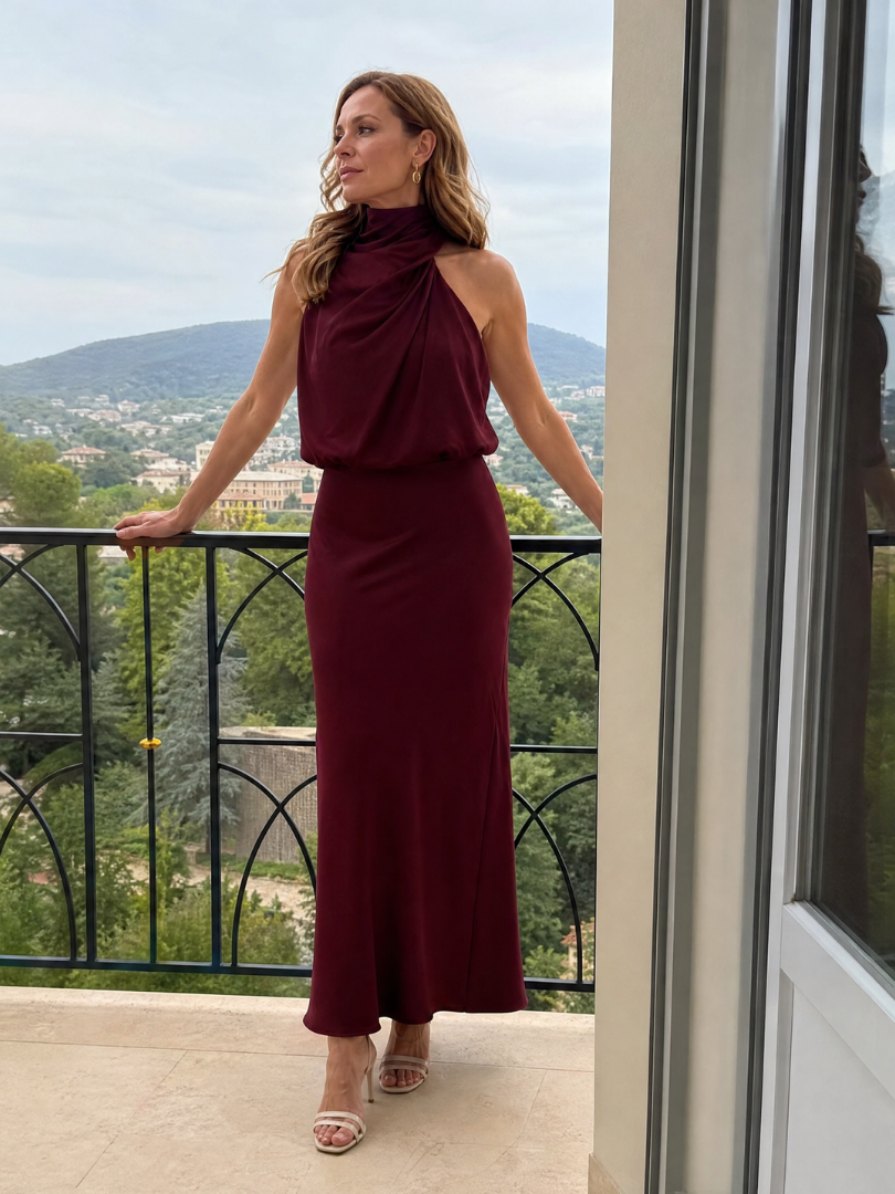 Women's Draped Neck Midi Dress with Gathered Waist