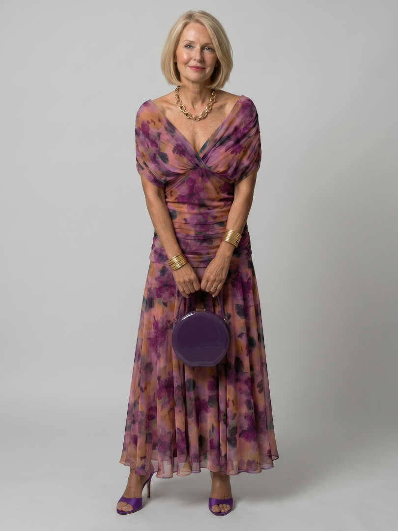 Women's Draped Neckline Midi Dress with Off-Shoulder Design