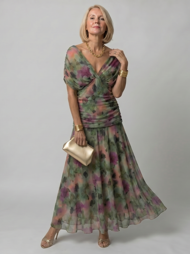 Women's Draped Neckline Midi Dress with Off-Shoulder Design