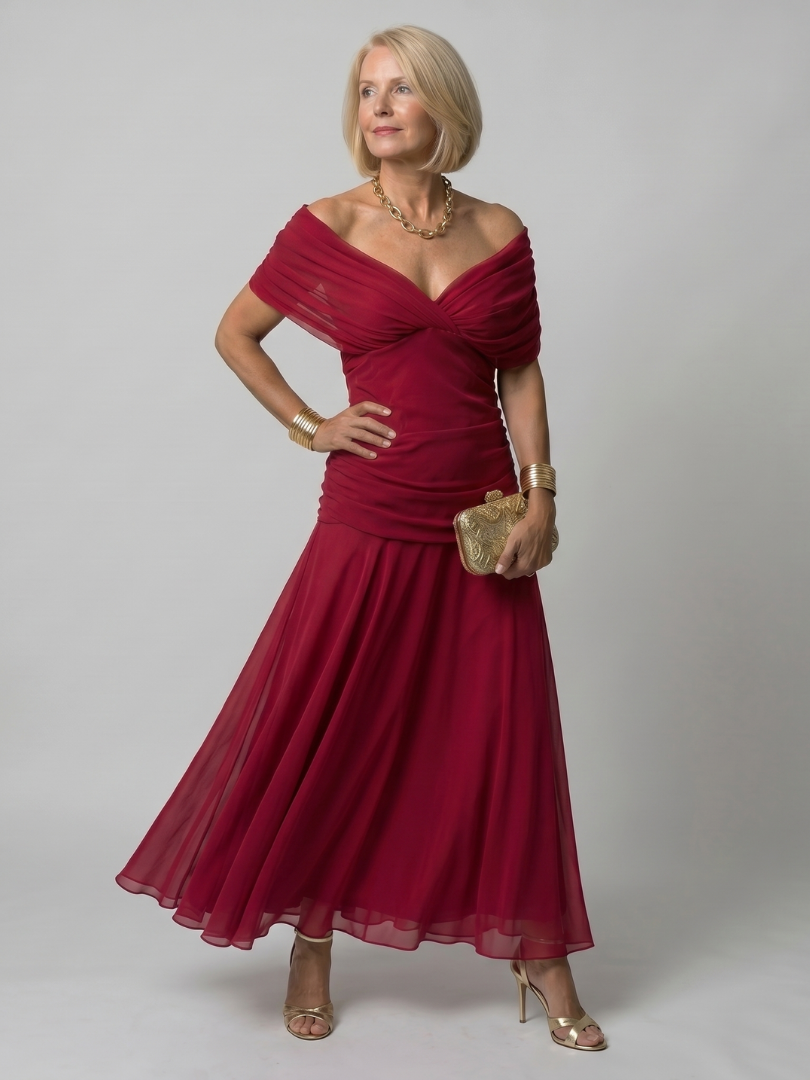 Women's Draped Neckline Midi Dress with Off-Shoulder Design