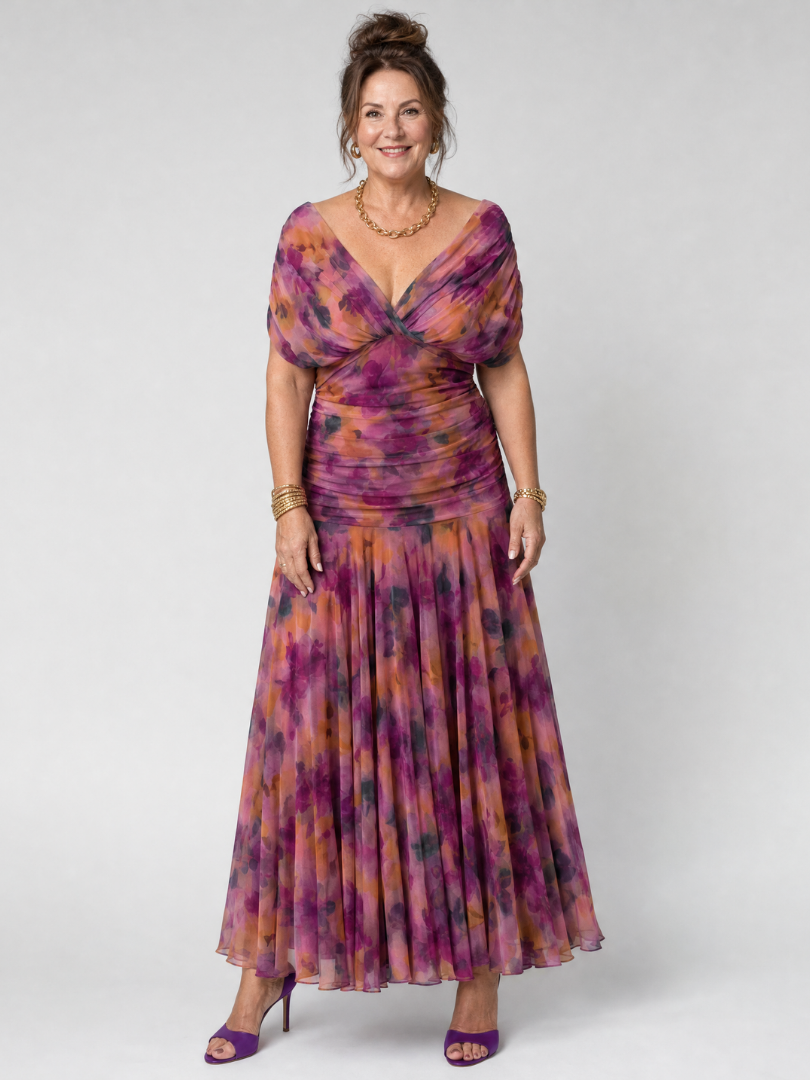 Women's Draped Neckline Midi Dress with Off-Shoulder Design