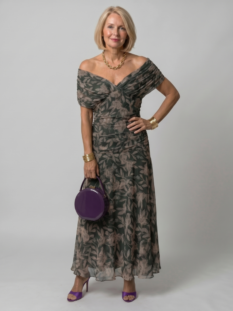 Women's Draped Neckline Midi Dress with Off-Shoulder Design