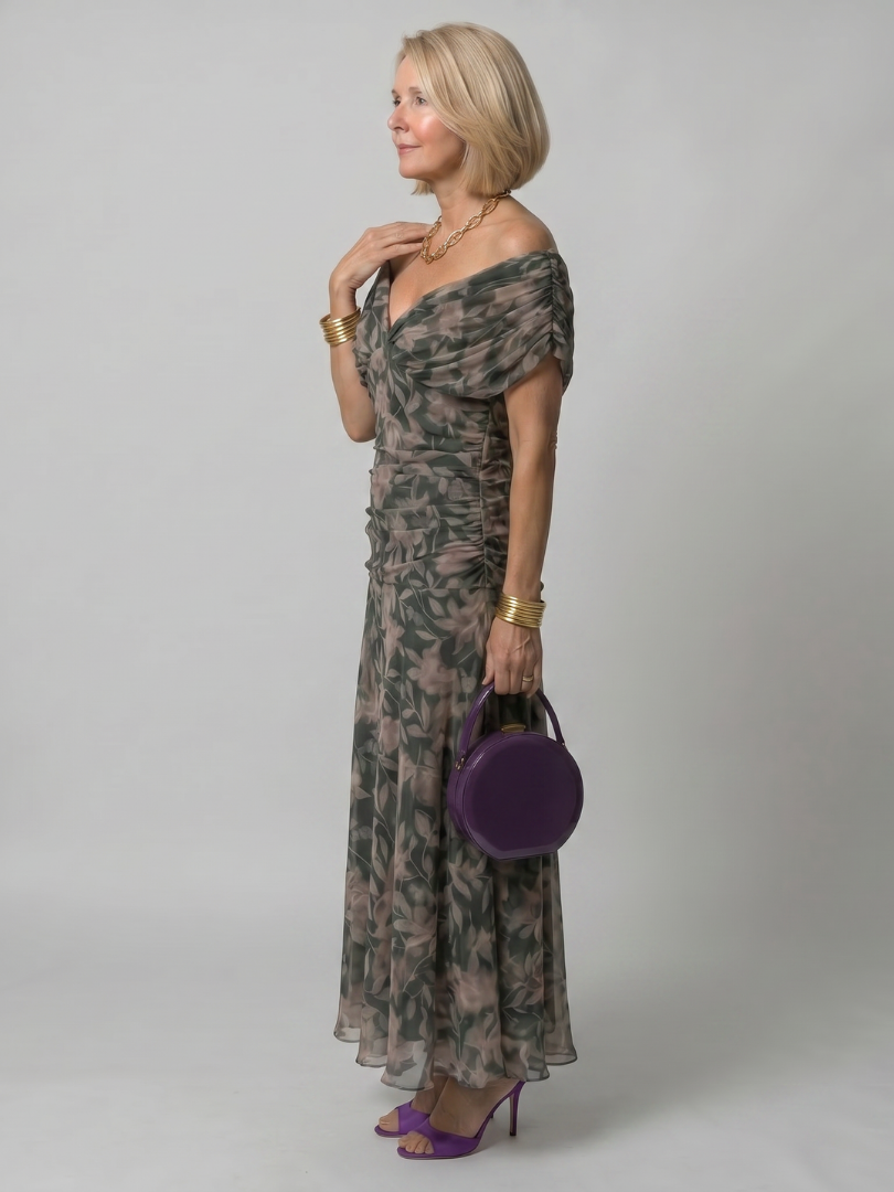 Women's Draped Neckline Midi Dress with Off-Shoulder Design