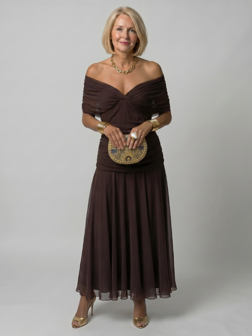 Women's Draped Neckline Midi Dress with Off-Shoulder Design