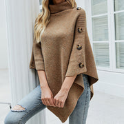 Women's Elegant Knit Poncho with High Collar and Decorative Buttons