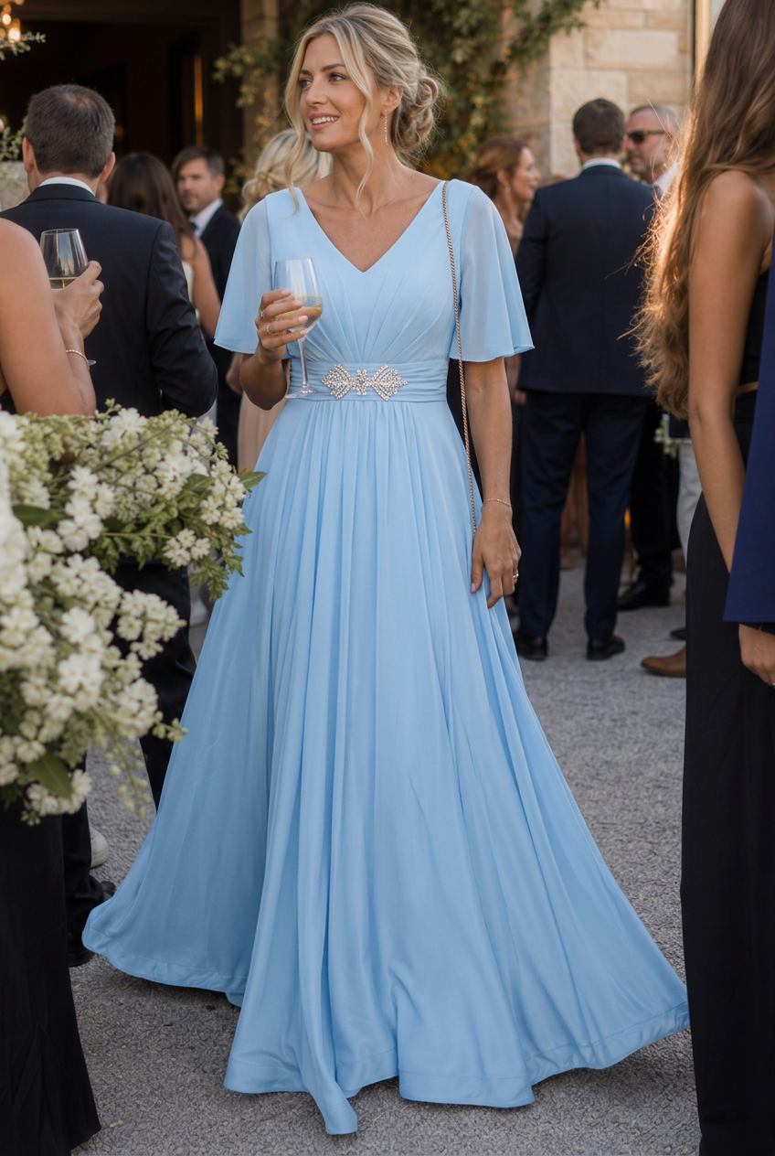Women's Embellished V-Neck Maxi Dress with Flutter Sleeves