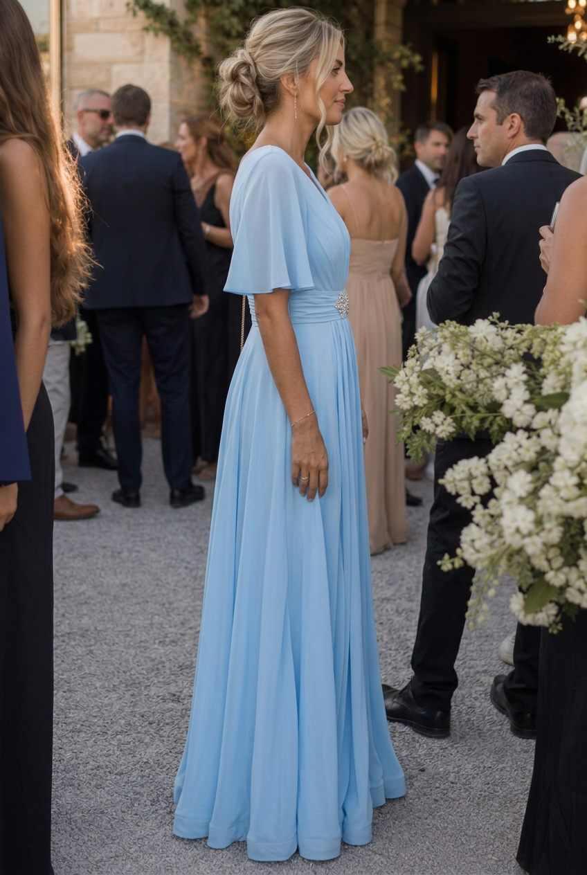 Women's Embellished V-Neck Maxi Dress with Flutter Sleeves