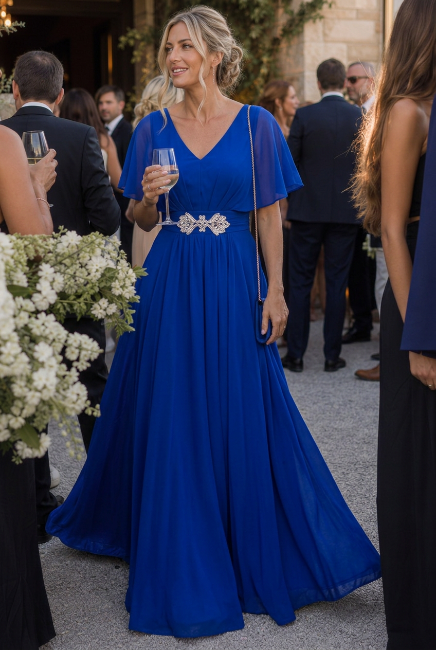Women's Embellished V-Neck Maxi Dress with Flutter Sleeves