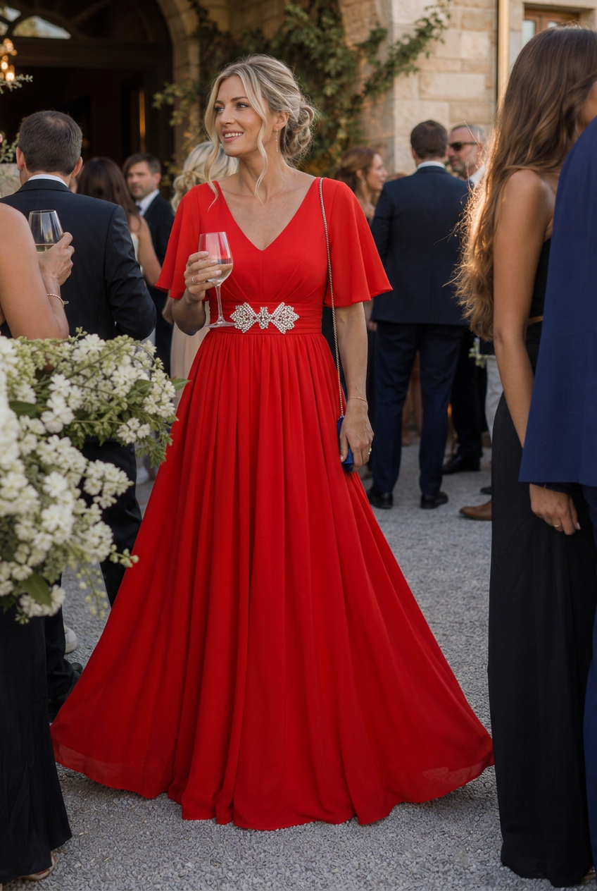 Women's Embellished V-Neck Maxi Dress with Flutter Sleeves