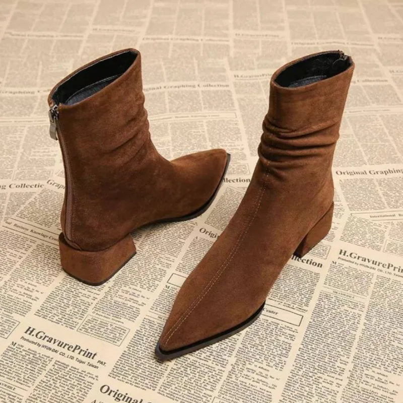 Women's Faux Suede Pointed Toe Ankle Boots with Block Heel