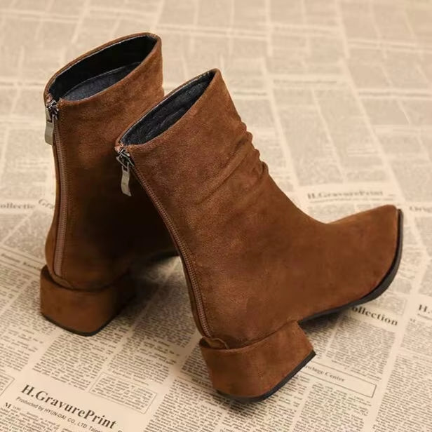 Women's Faux Suede Pointed Toe Ankle Boots with Block Heel