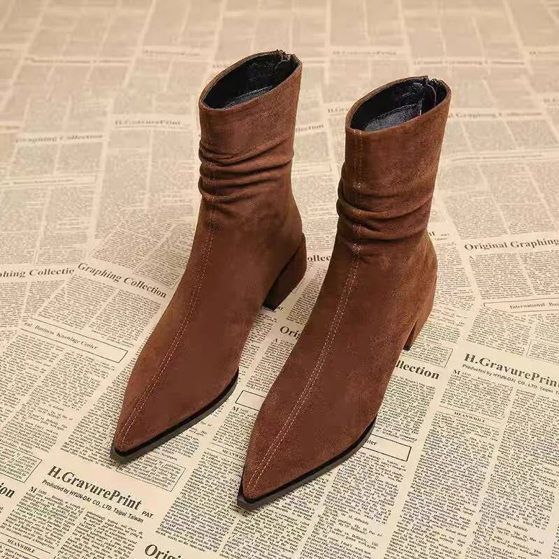 Women's Faux Suede Pointed Toe Ankle Boots with Block Heel