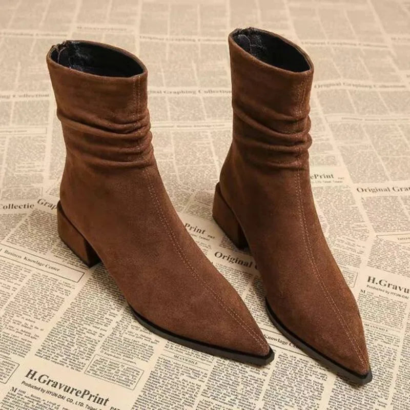 Women's Faux Suede Pointed Toe Ankle Boots with Block Heel