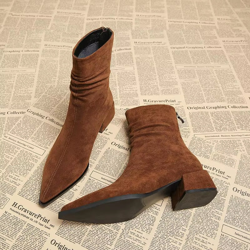 Women's Faux Suede Pointed Toe Ankle Boots with Block Heel