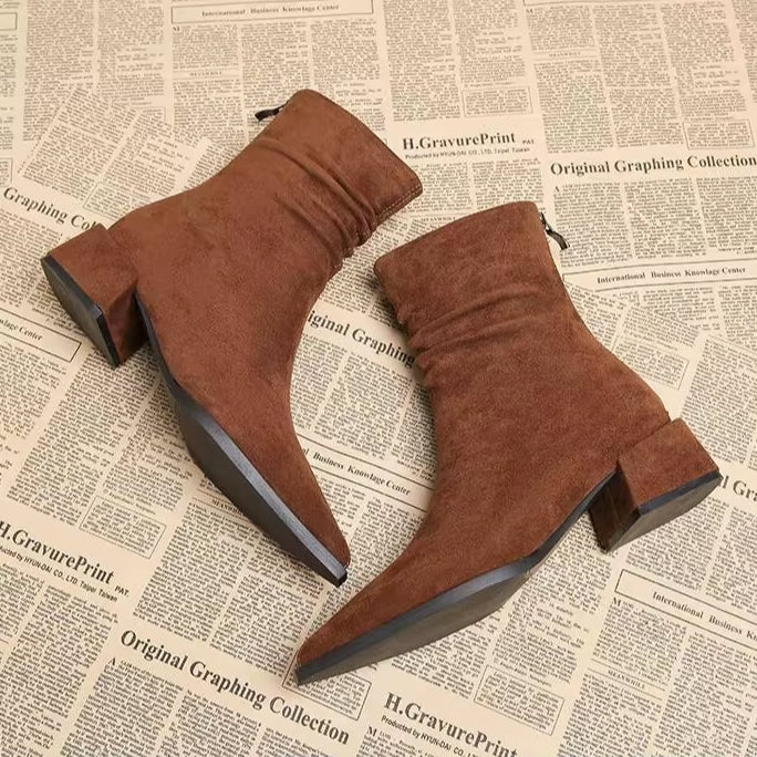Women's Faux Suede Pointed Toe Ankle Boots with Block Heel