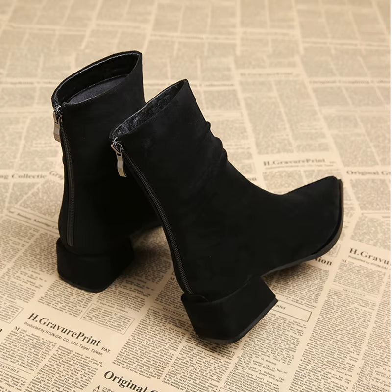 Women's Faux Suede Pointed Toe Ankle Boots with Block Heel