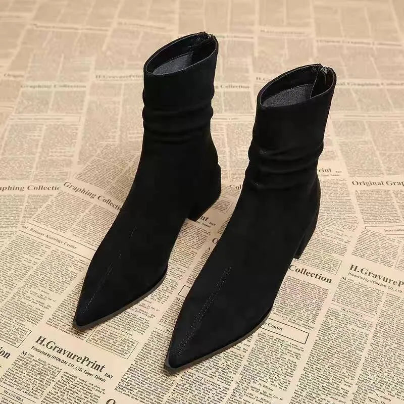 Women's Faux Suede Pointed Toe Ankle Boots with Block Heel