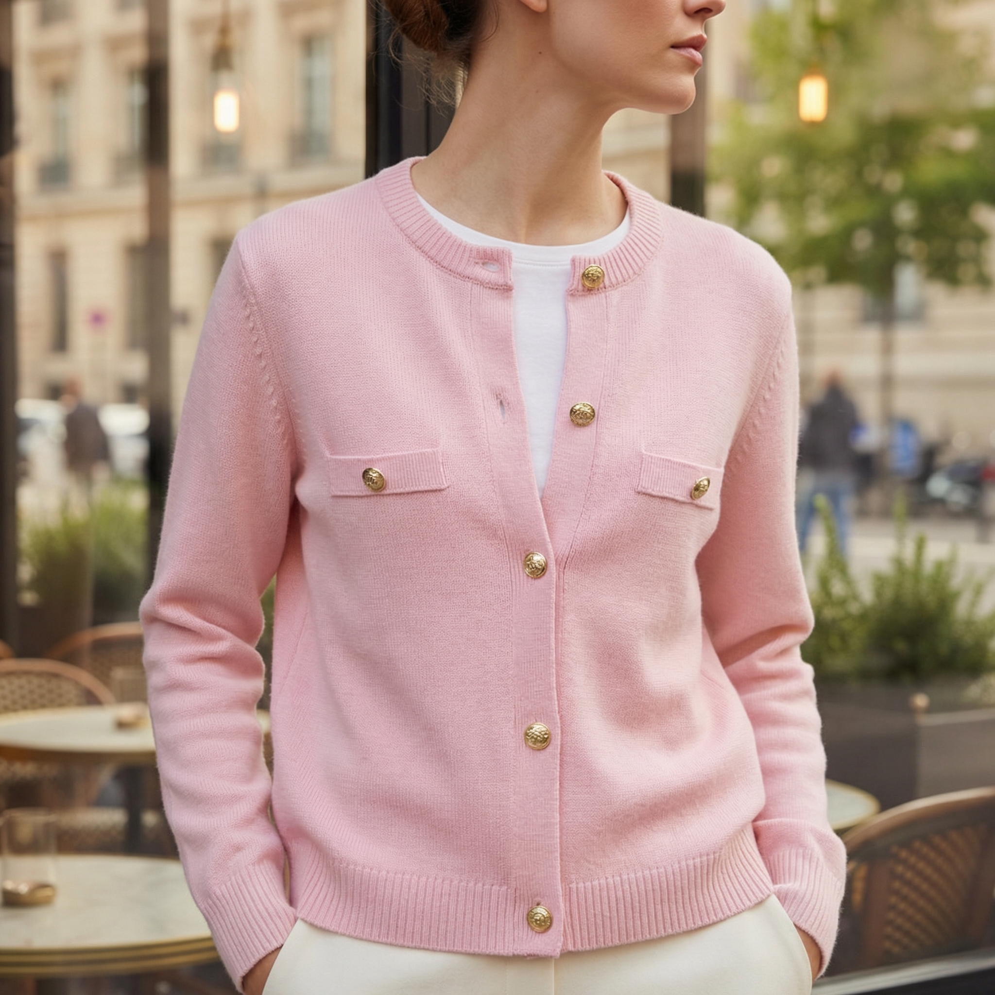 Women's Fitted Knit Cardigan Sweater with Embossed Buttons