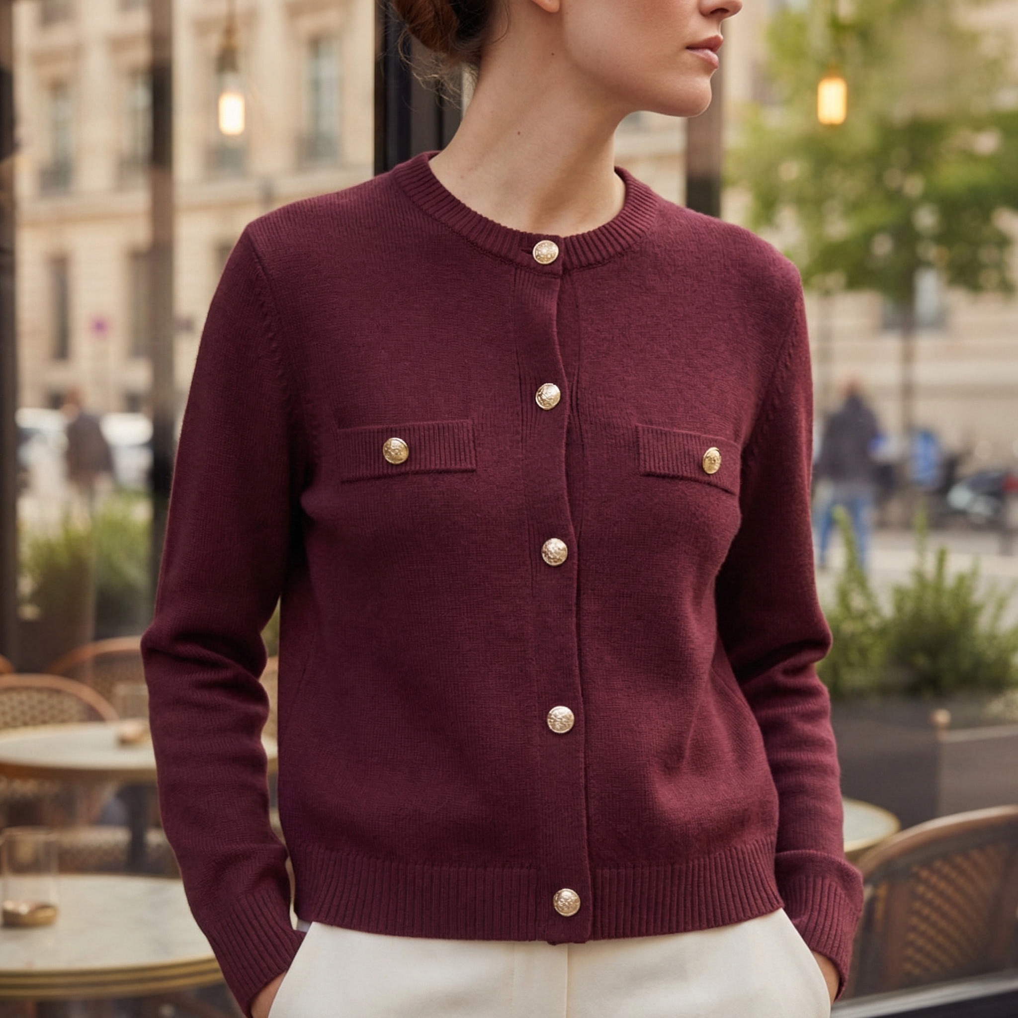 Women's Fitted Knit Cardigan Sweater with Embossed Buttons