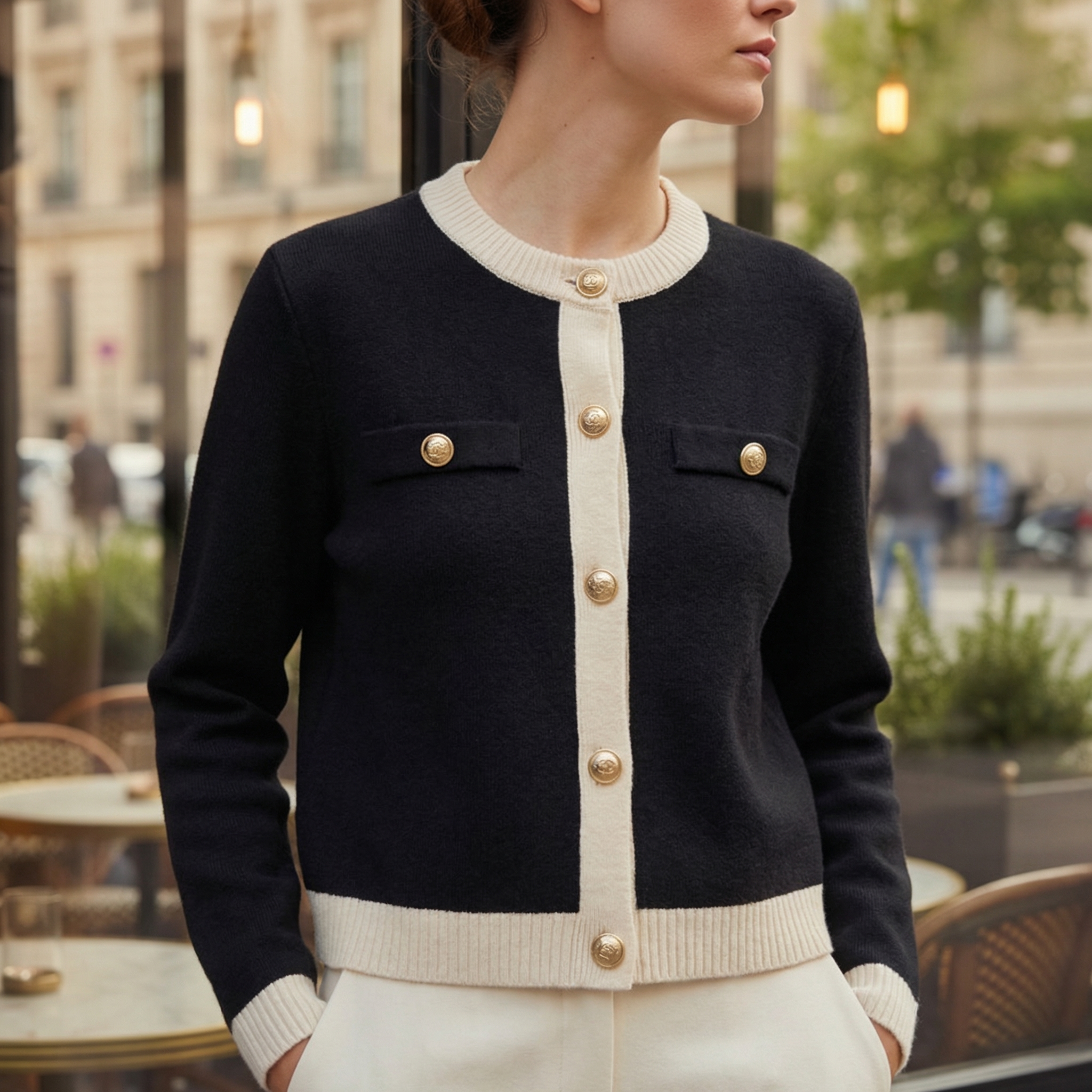 Women's Fitted Knit Cardigan Sweater with Embossed Buttons