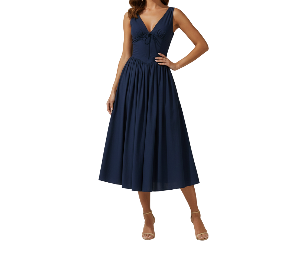 Women's Flared Midi Dress with Deep V-Neck