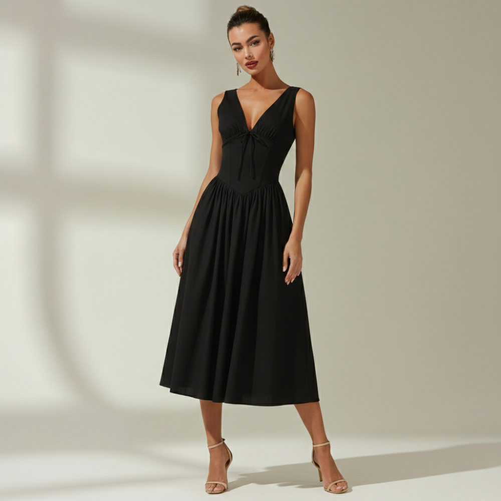 Women's Flared Midi Dress with Deep V-Neck
