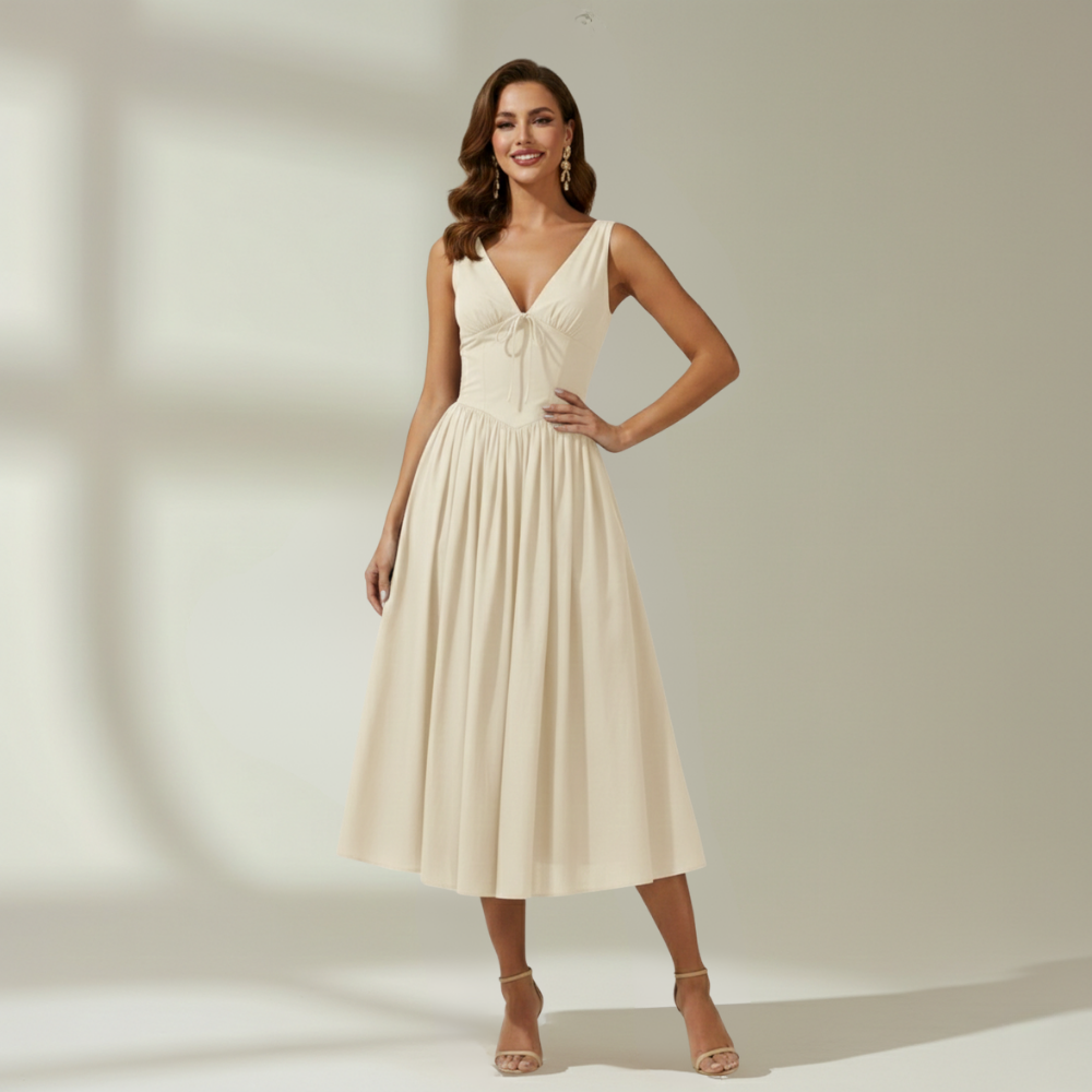 Women's Flared Midi Dress with Deep V-Neck