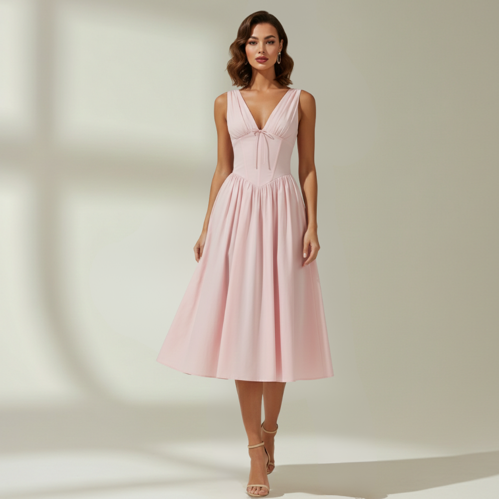 Women's Flared Midi Dress with Deep V-Neck