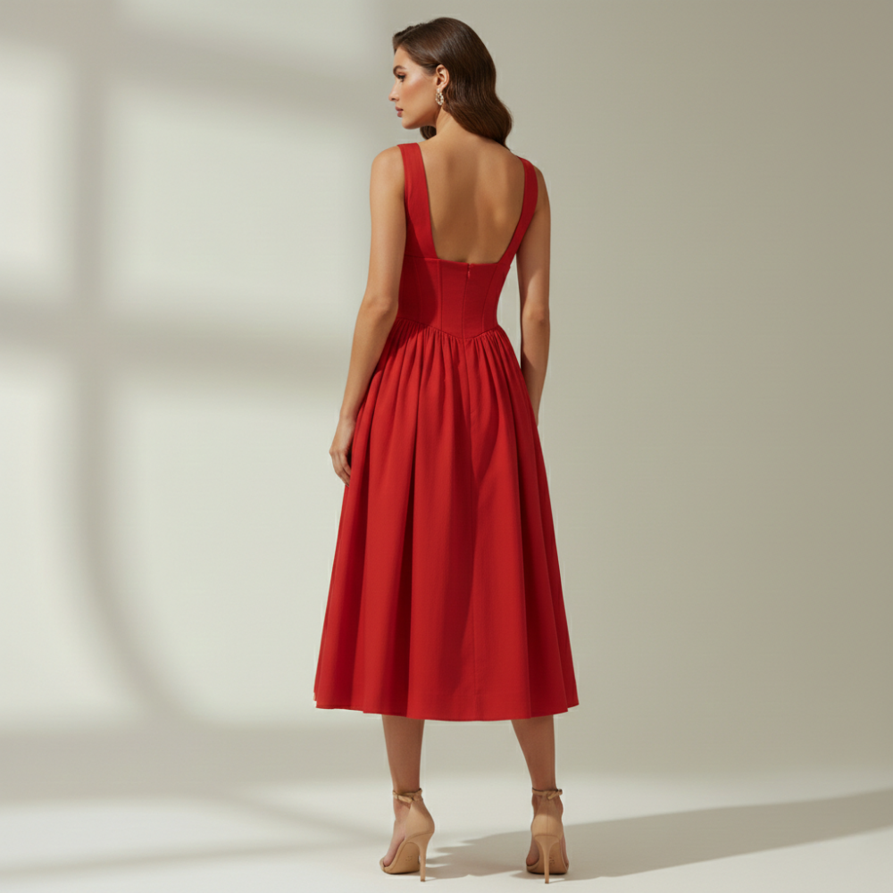 Women's Flared Midi Dress with Deep V-Neck