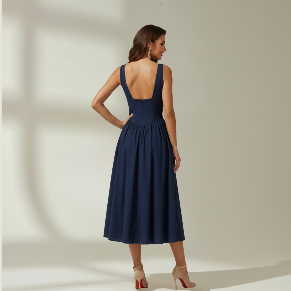 Women's Flared Midi Dress with Deep V-Neck