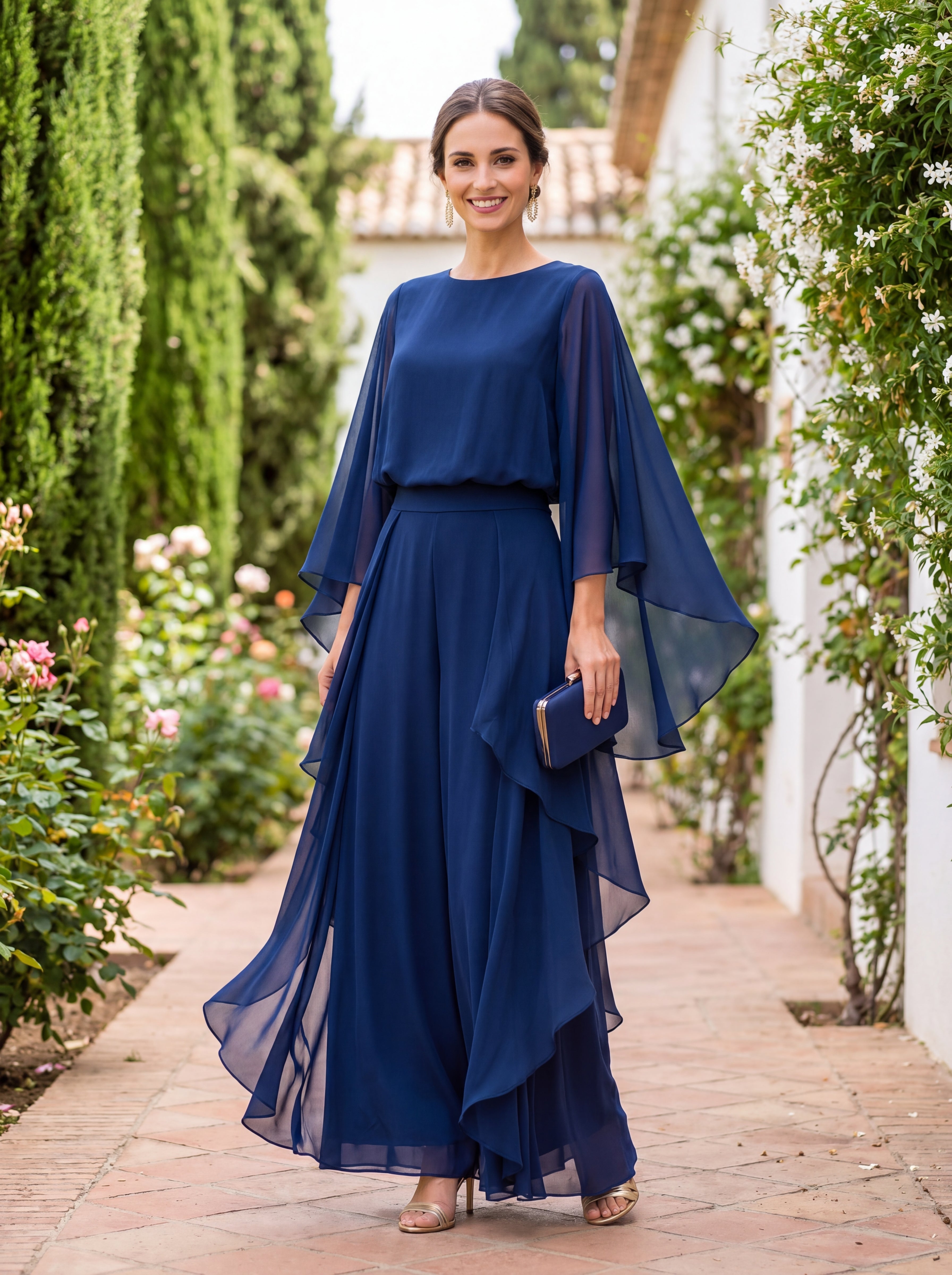 Women's Flared Sleeve Two-Piece Set with Straight Pants