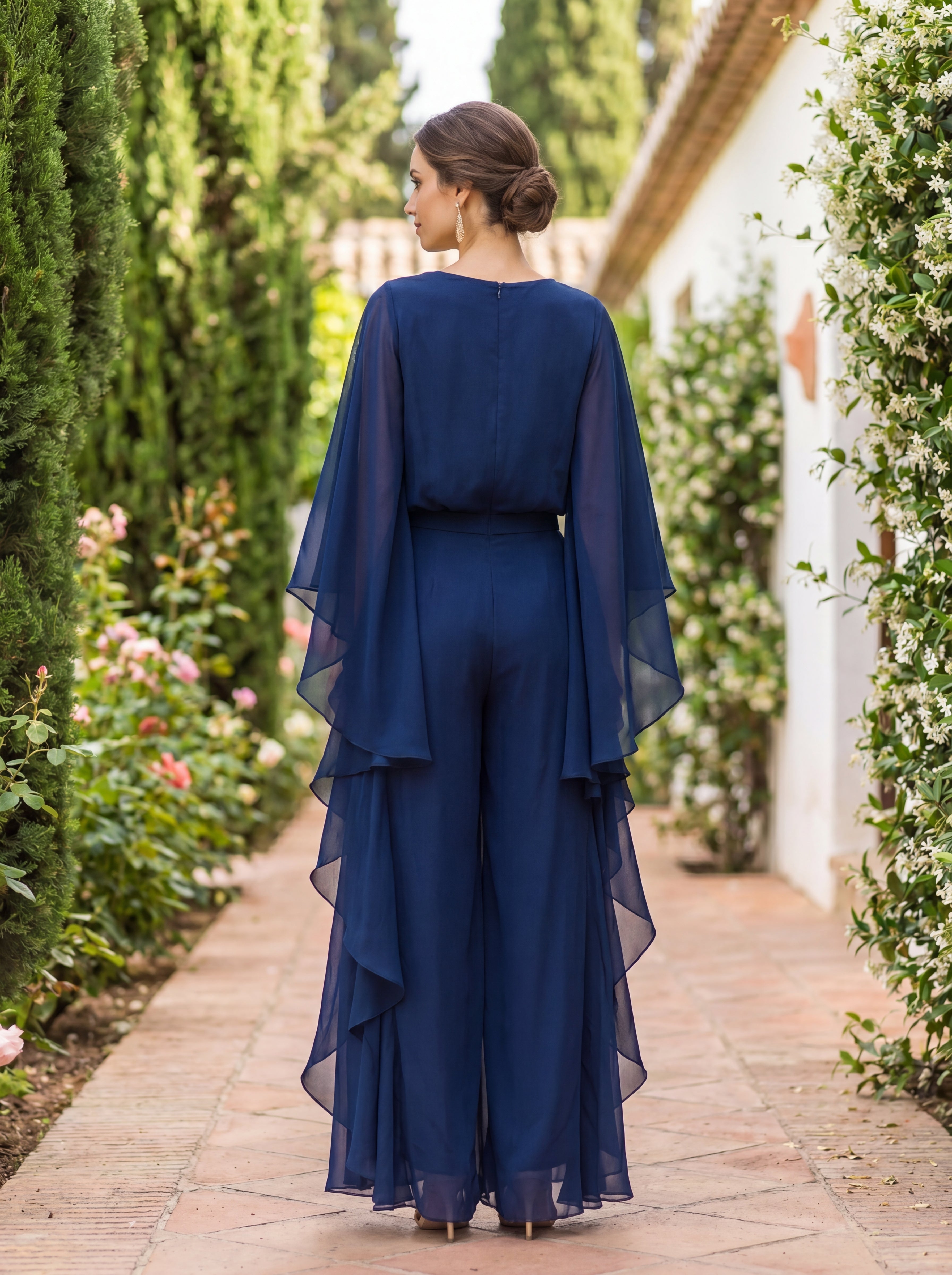 Women's Flared Sleeve Two-Piece Set with Straight Pants