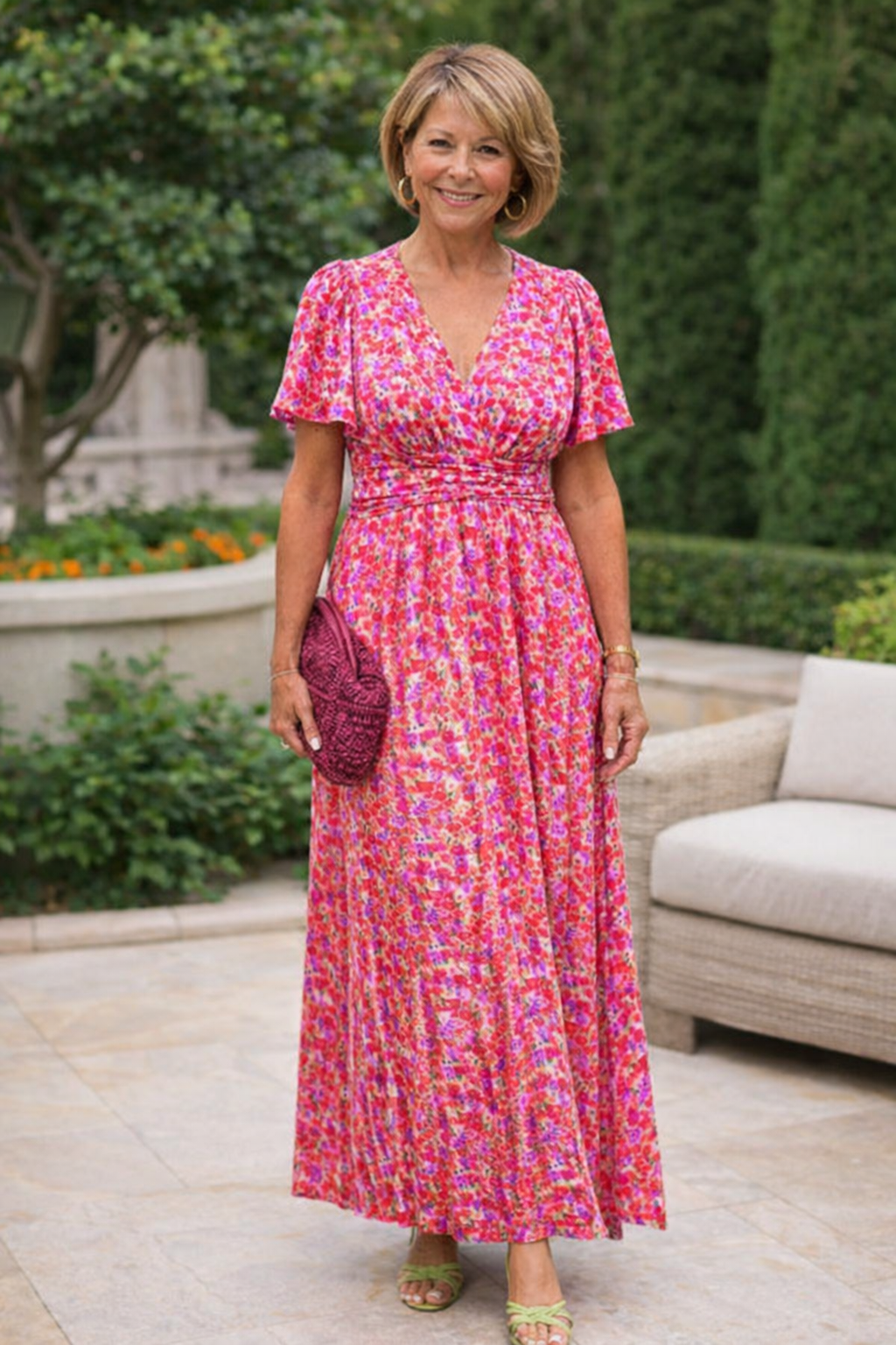 Women's Floral Fitted Summer Dress with V-Neck