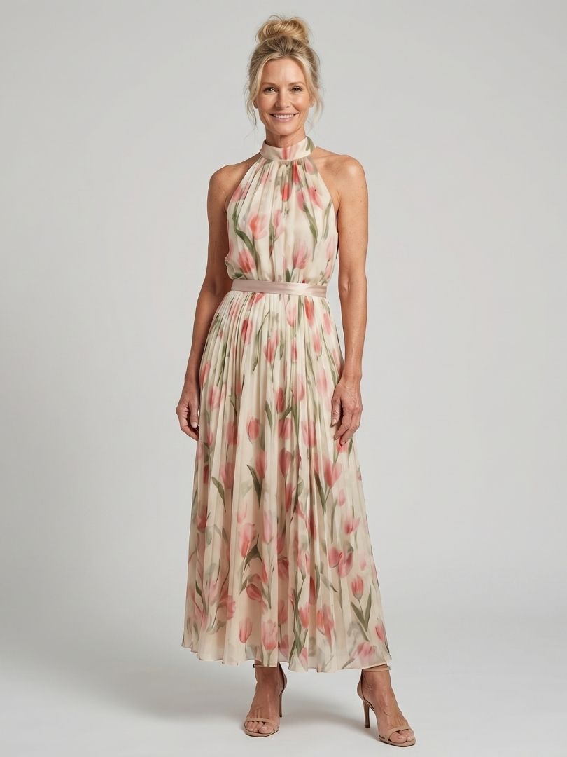 Women's Floral Halter Neck Midi Dress with Defined Waist
