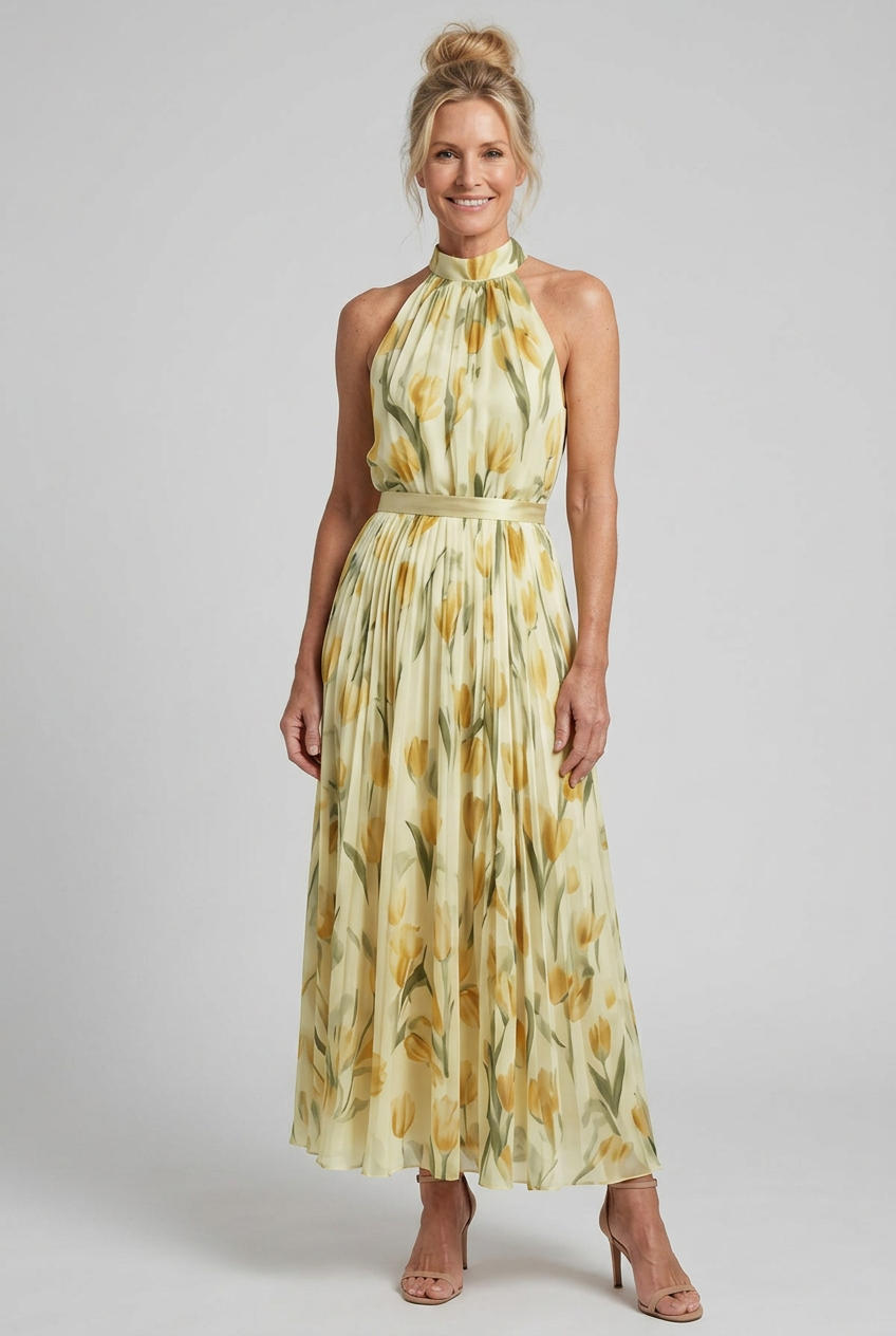Women's Floral Halter Neck Midi Dress with Defined Waist