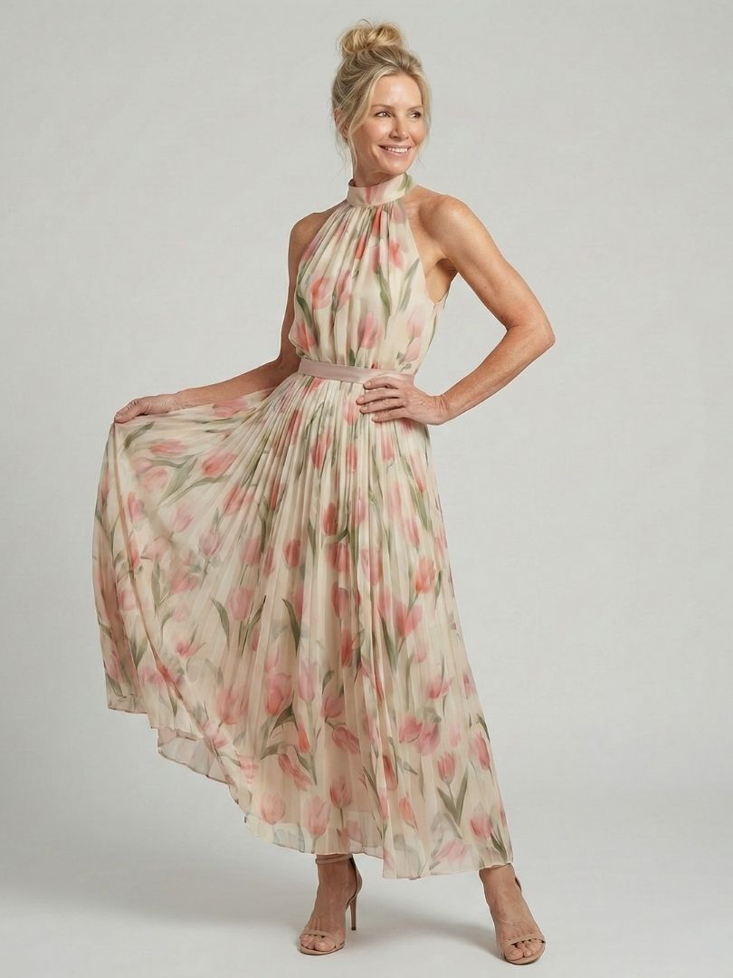 Women's Floral Halter Neck Midi Dress with Defined Waist