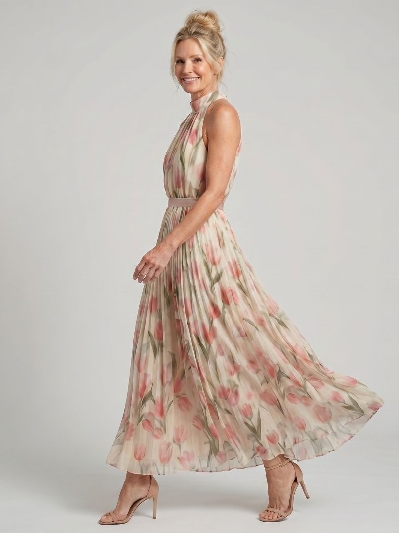 Women's Floral Halter Neck Midi Dress with Defined Waist
