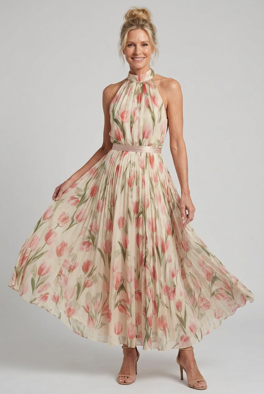 Women's Floral Halter Neck Midi Dress with Defined Waist