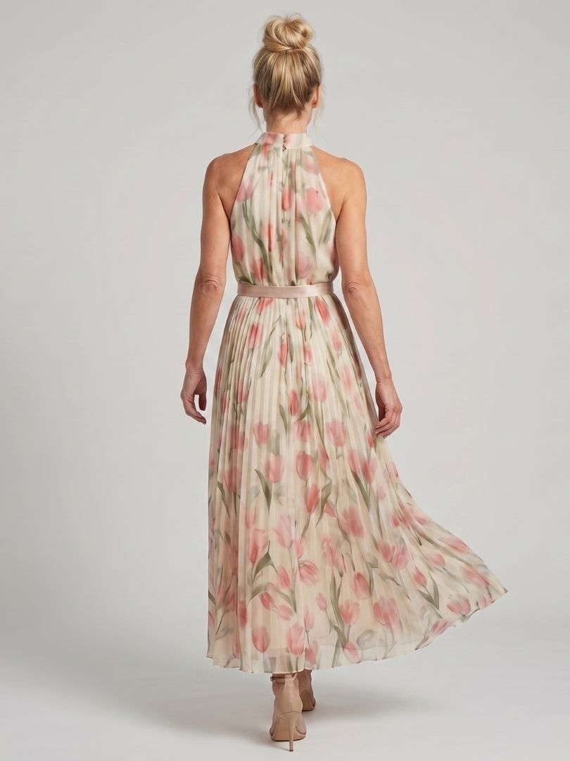 Women's Floral Halter Neck Midi Dress with Defined Waist