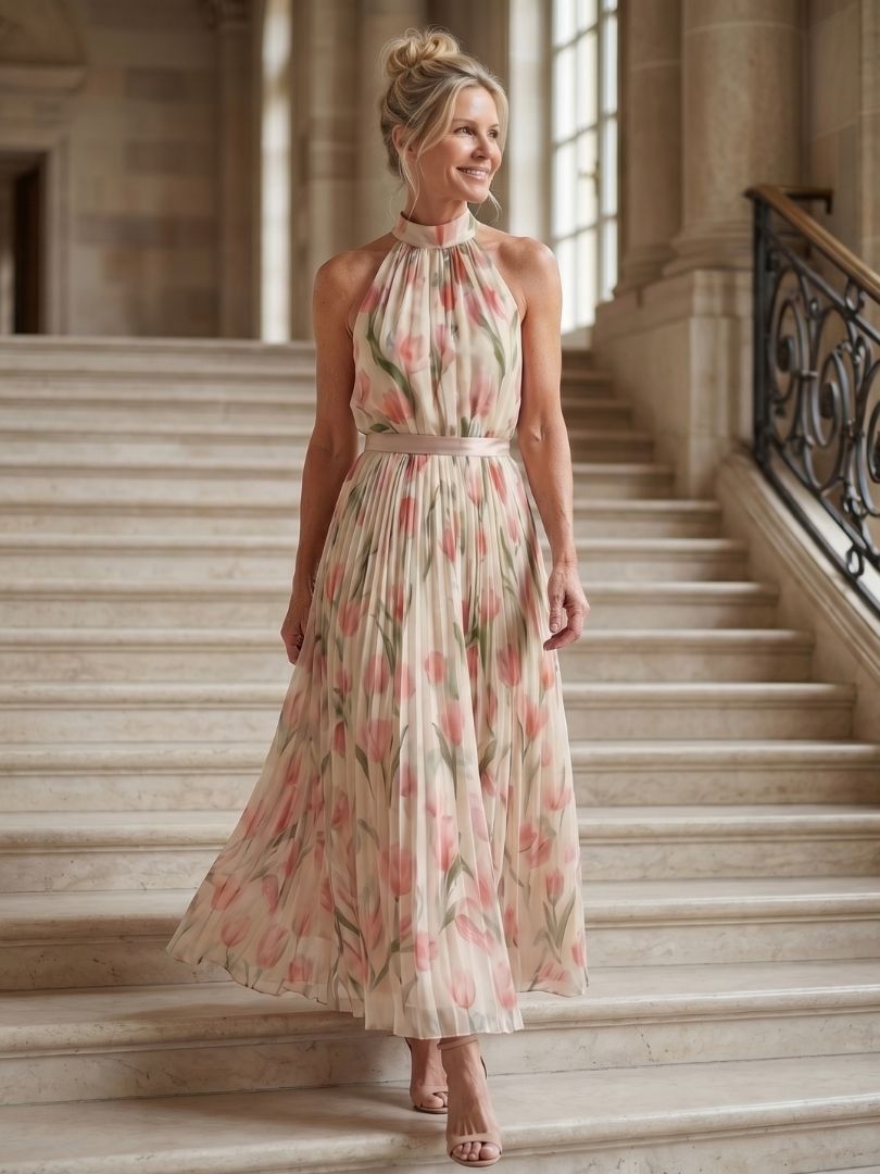 Women's Floral Halter Neck Midi Dress with Defined Waist