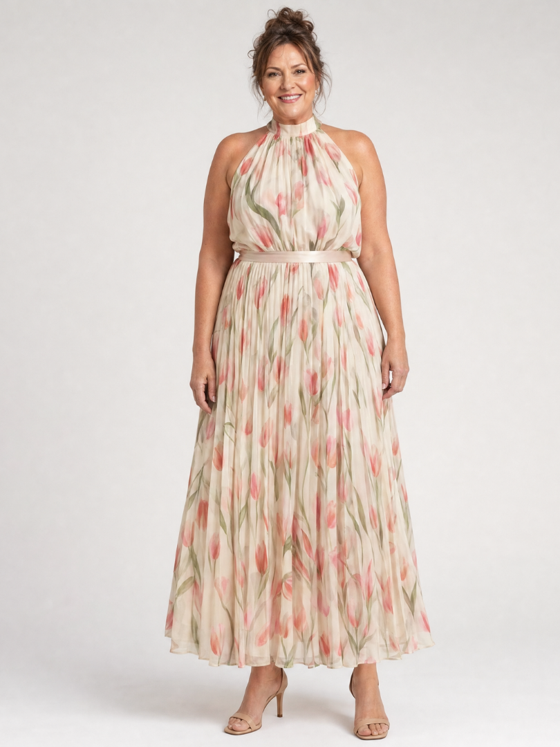 Women's Floral Halter Neck Midi Dress with Defined Waist